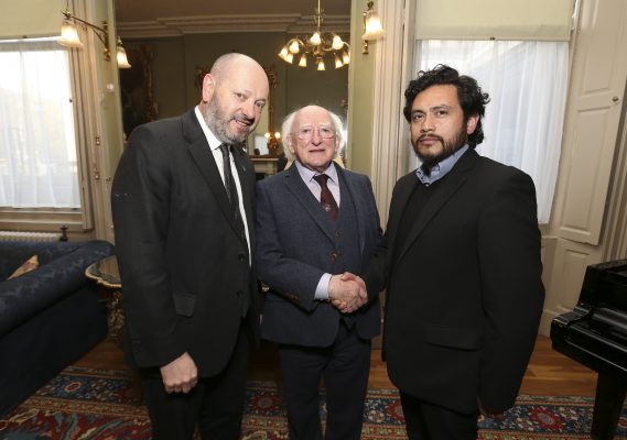 24/11/2016 : Pictured was President of Ireland Michael D Higgins and Front Line Defenders Executive Director Andrew Anderson greeting Colombian human rights defender Carlos Guevara at the launch of the Human Rights Defenders Memorial in Dublin. Picture Conor McCabe Photography.