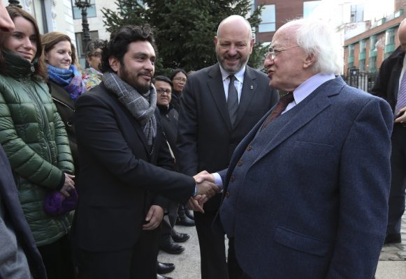 24/11/2016 : Pictured was President of Ireland Michael D Higgins and Front Line Defenders Executive Director Andrew Anderson greeting Colombian human rights defender Carlos Guevara at the launch of the Human Rights Defenders Memorial in Dublin. Picture Conor McCabe Photography.