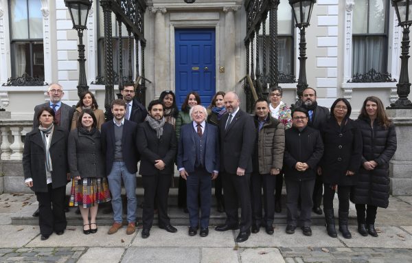 24/11/2016 : Pictured was President of Ireland Michael D Higgins (centre) and Front Line Defenders Executive Director Andrew Anderson with an international committee of human rights defenders and NGO representatives at the launch of the Human Rights Defenders Memorial in Dublin. Picture Conor McCabe Photography.